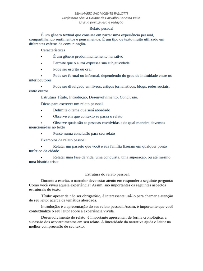 Estrutura e Exemplos de Relato Pessoal | PDF | Narrativa | Experiência