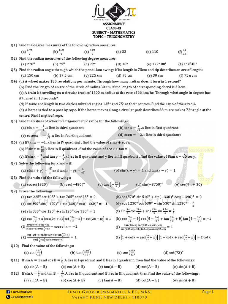 Trigonometry Assignment for Class XI | PDF | Angle | Trigonometric ...