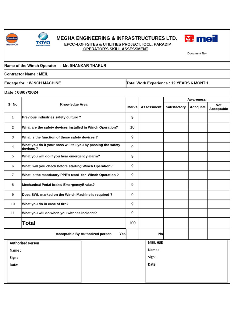 Winch Operator Safety Assessment Report | PDF