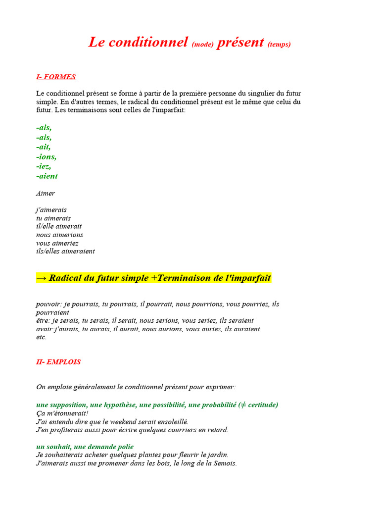 Formation et emploi du conditionnel présent | PDF