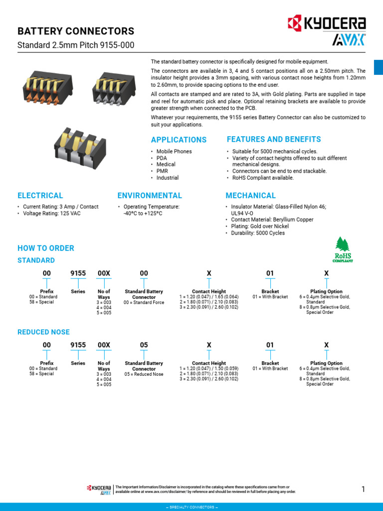 9155 Series Battery Connectors Overview | PDF | Electrical Connector ...