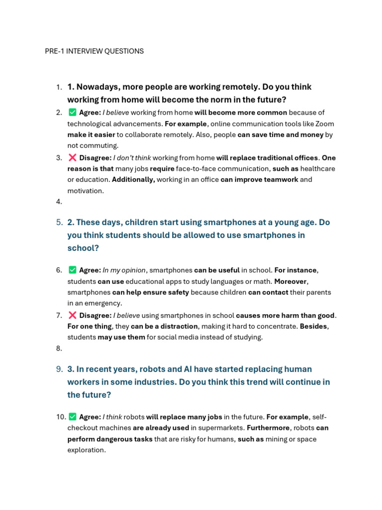 Pre-1 Interview Questions Guide | PDF | Junk Food | Car