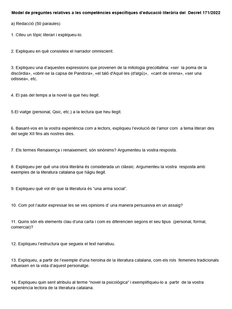 Model Preguntes Llengua Catalana 2024 | PDF