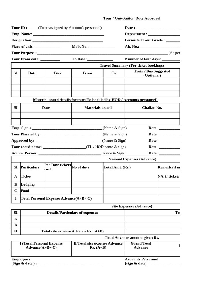 Tour Approval Form for Employees | PDF