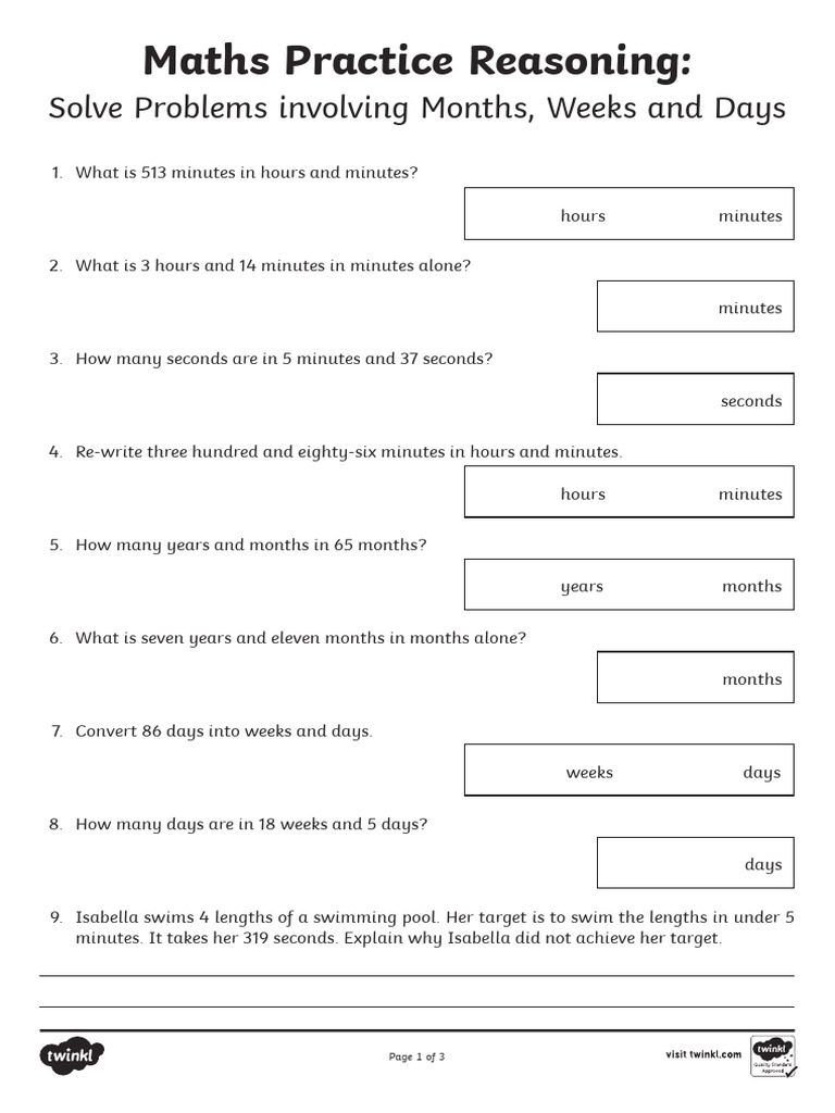 Solve Problems Involving Months Weeks and Days Assessment Test ...
