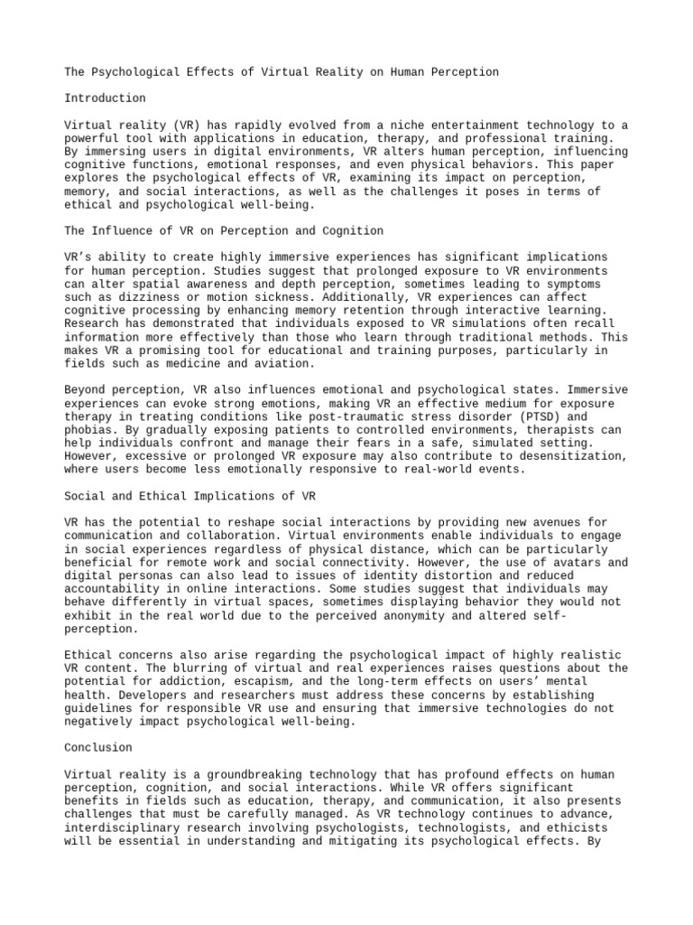 The Psychological Effects of Virtual Reality On Human Perception | PDF ...