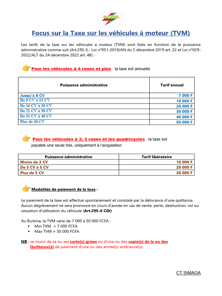 Tarifs de la TVM au Burkina Faso 2025 | PDF