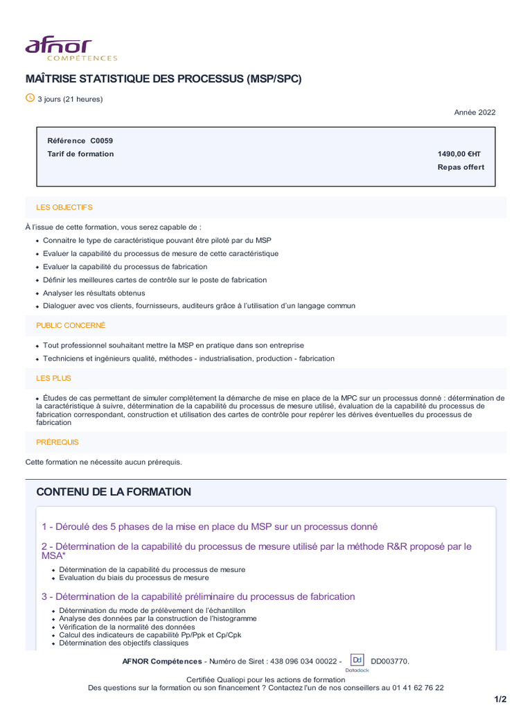 Formation MSP/SPC : Maîtrise Statistique | PDF