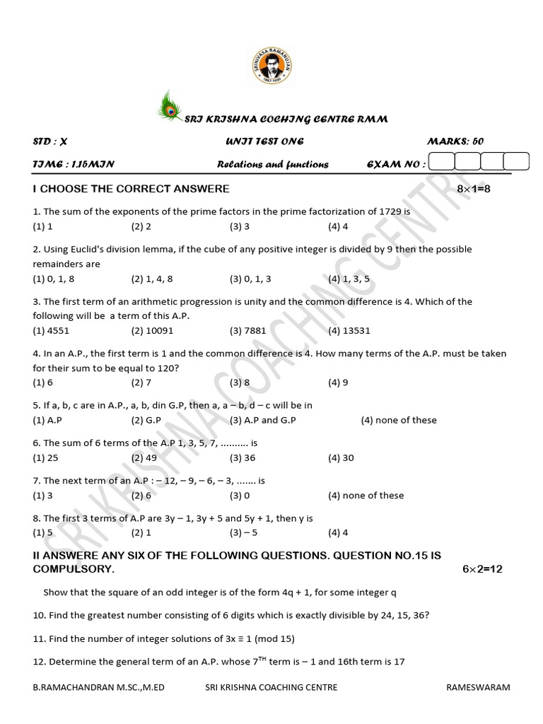 10th Maths Unit Test 1 Question Paper | PDF | Numbers | Discrete ...