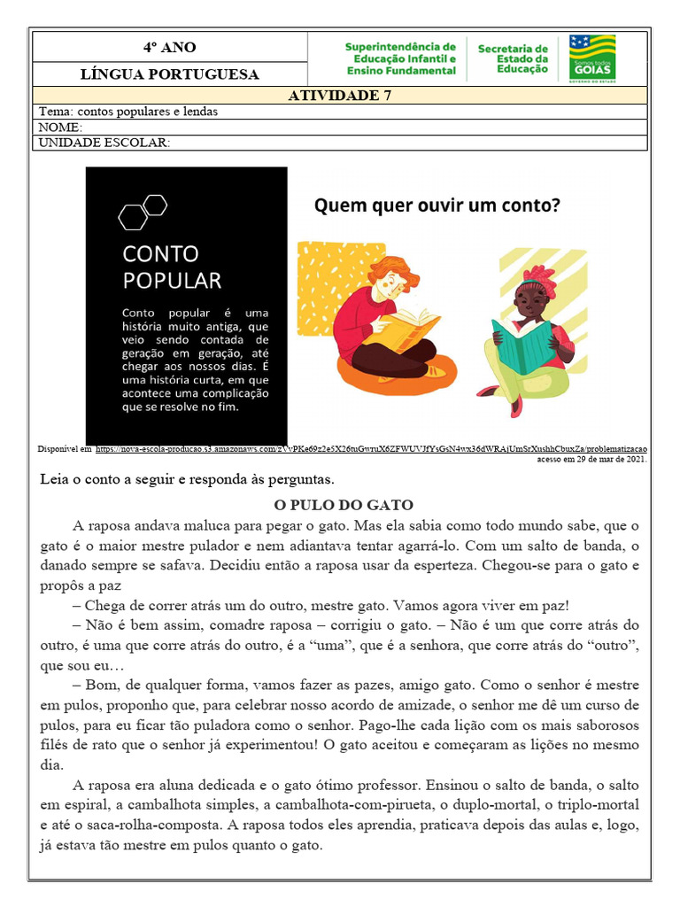 Atividade 7 4o Ano LP Contos Populares e Lendas | PDF | Gatos