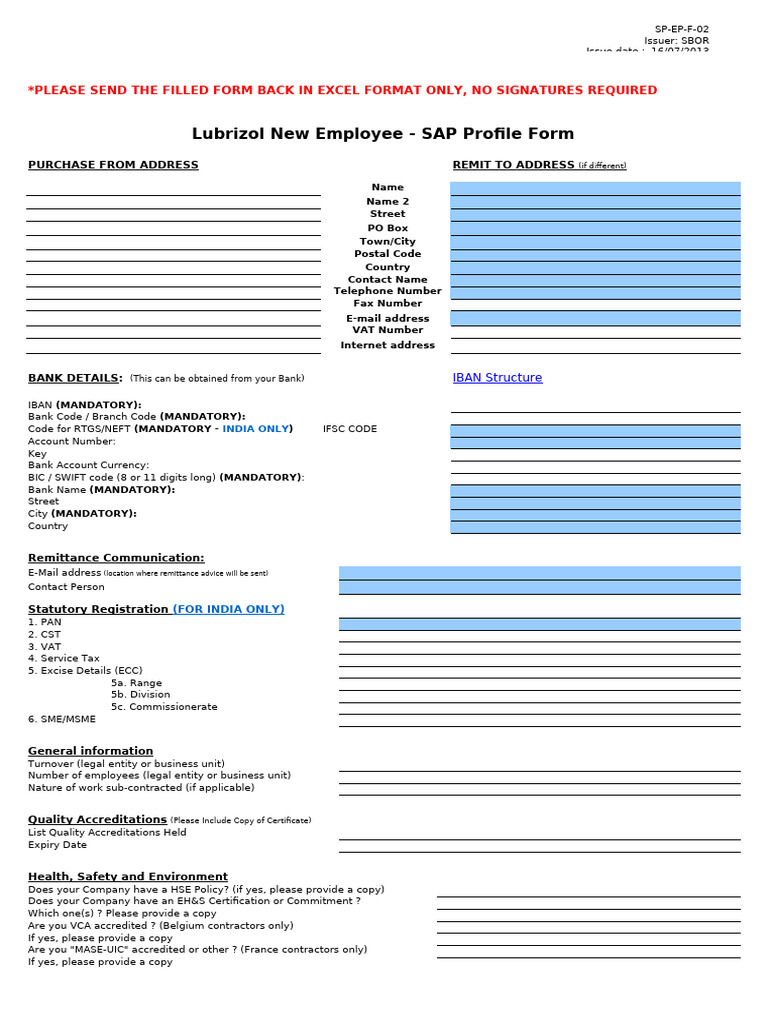 New Employee - SAP Profile Form | PDF | Taxes | Payments