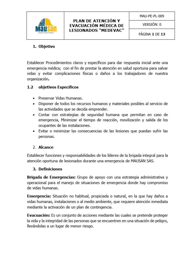 Mau-Pe-Pl-009 Plan de Atención y Evacuación | PDF | Primeros auxilios ...