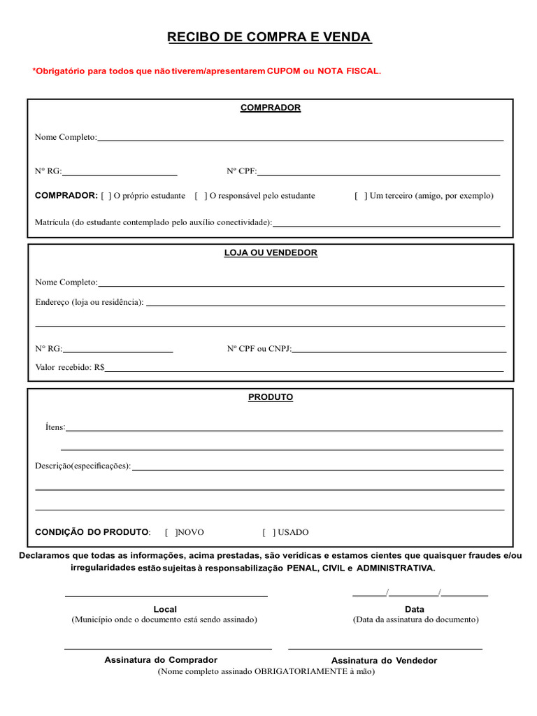 Recibo de Compra e Venda Obrigatório | PDF