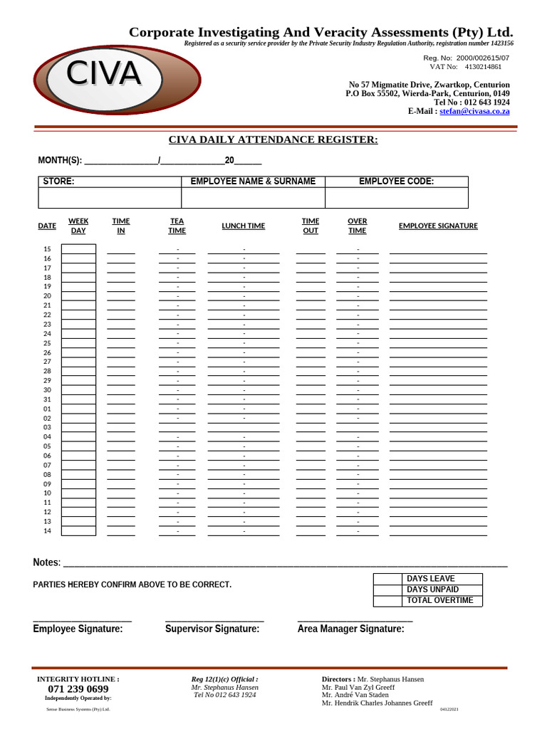 CIVA Daily Attendance Register Format | PDF