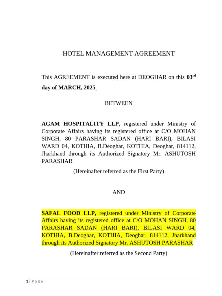 Hotel Agreement | PDF | Revenue | Indemnity