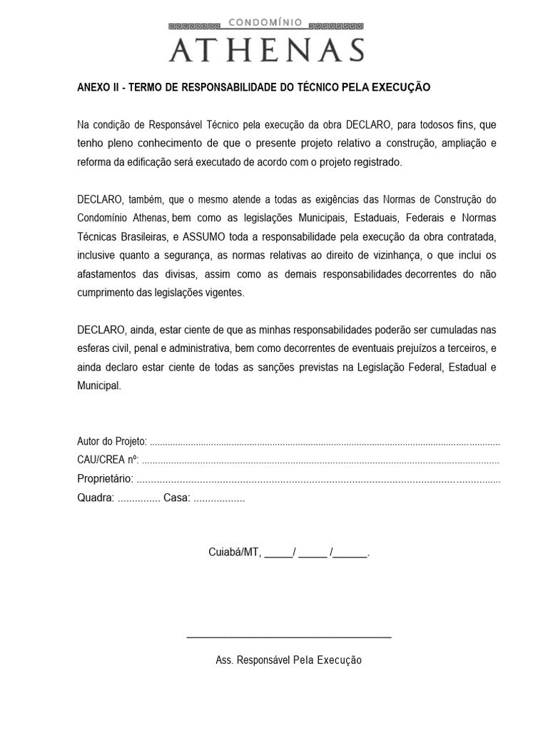 Termo de Responsabilidade Técnico de Obra | PDF