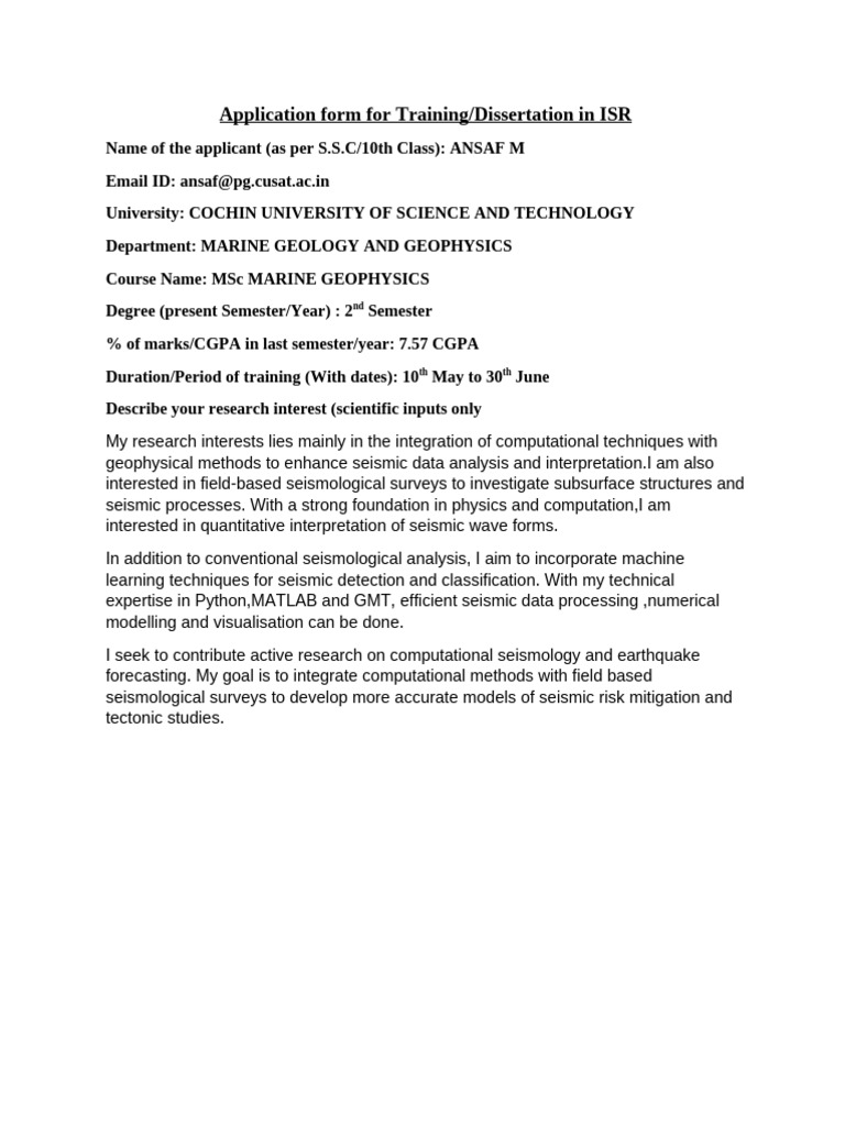 Application for ISR Training in Geophysics | PDF