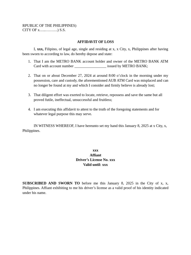 Affidavit of Loss for Metro Bank ATM Card | PDF