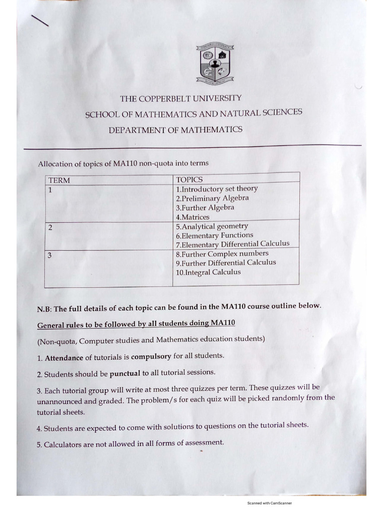 Ma 110 Course Outline 2021 Pdf