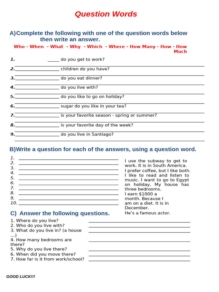 Question Words Practice Exercise | PDF