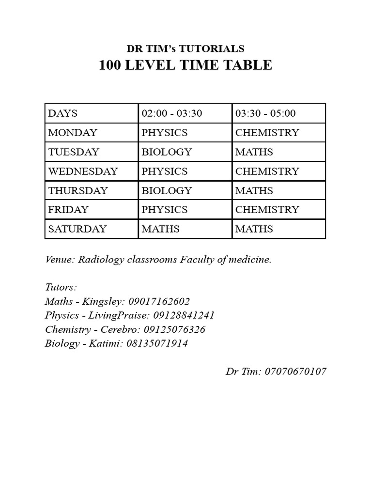 100 Level Tutorial Timetable | PDF