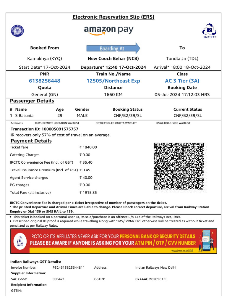 IRCTC Ticket Payment Summary | PDF | Identity Document