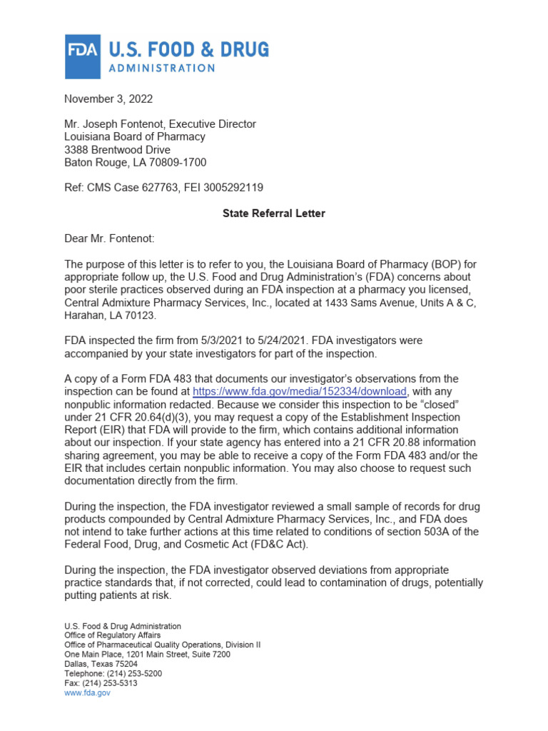 FDA Referral on Pharmacy Inspection Issues | PDF | Food And Drug ...