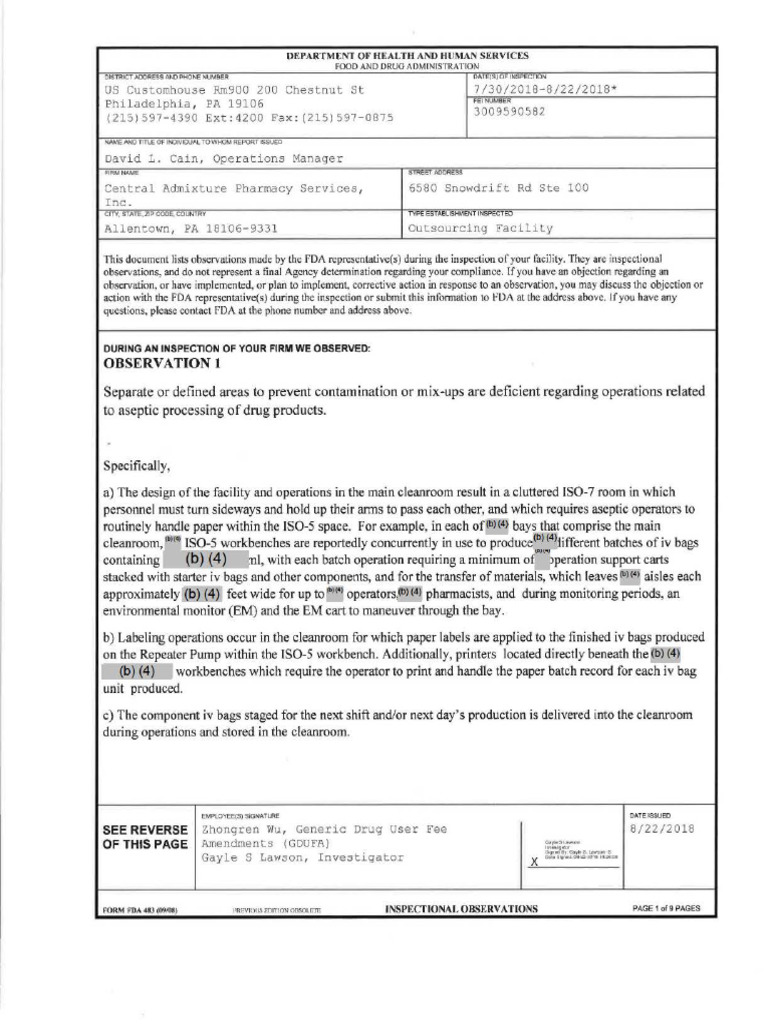 FDA Inspection Report: Centralized Pharmacy | PDF | Food And Drug ...