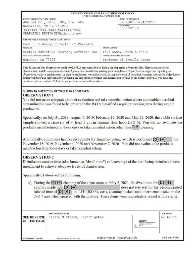FDA Inspection Report: Sterile Drug Facility | PDF | Food And Drug ...