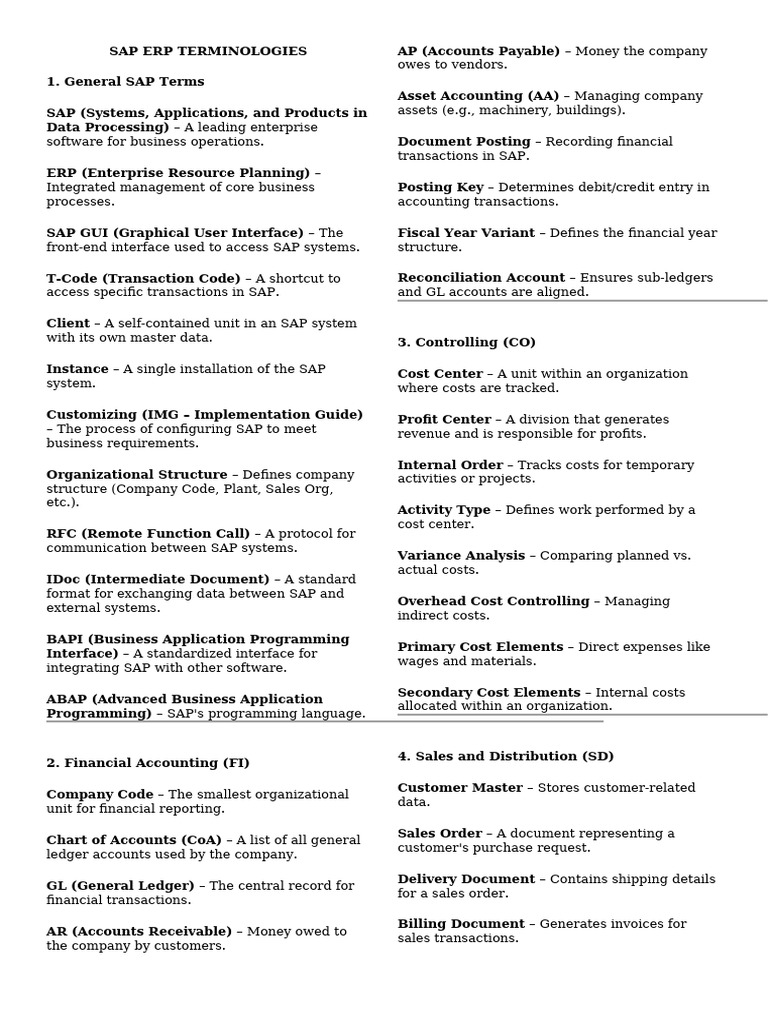SAP ERP Terminologies Overview | PDF | Enterprise Resource Planning ...