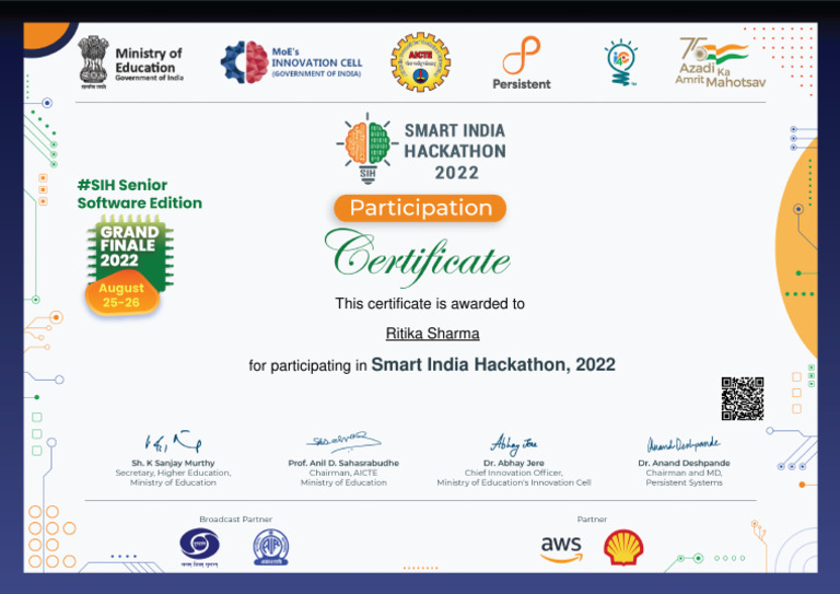 Certificate of Participation: Smart India Hackathon 2022 | PDF