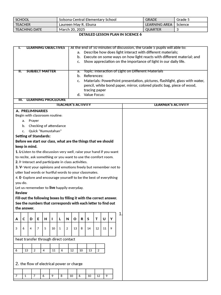 Grade 5 Science Lesson Plan on Light Interaction | PDF | Learning ...