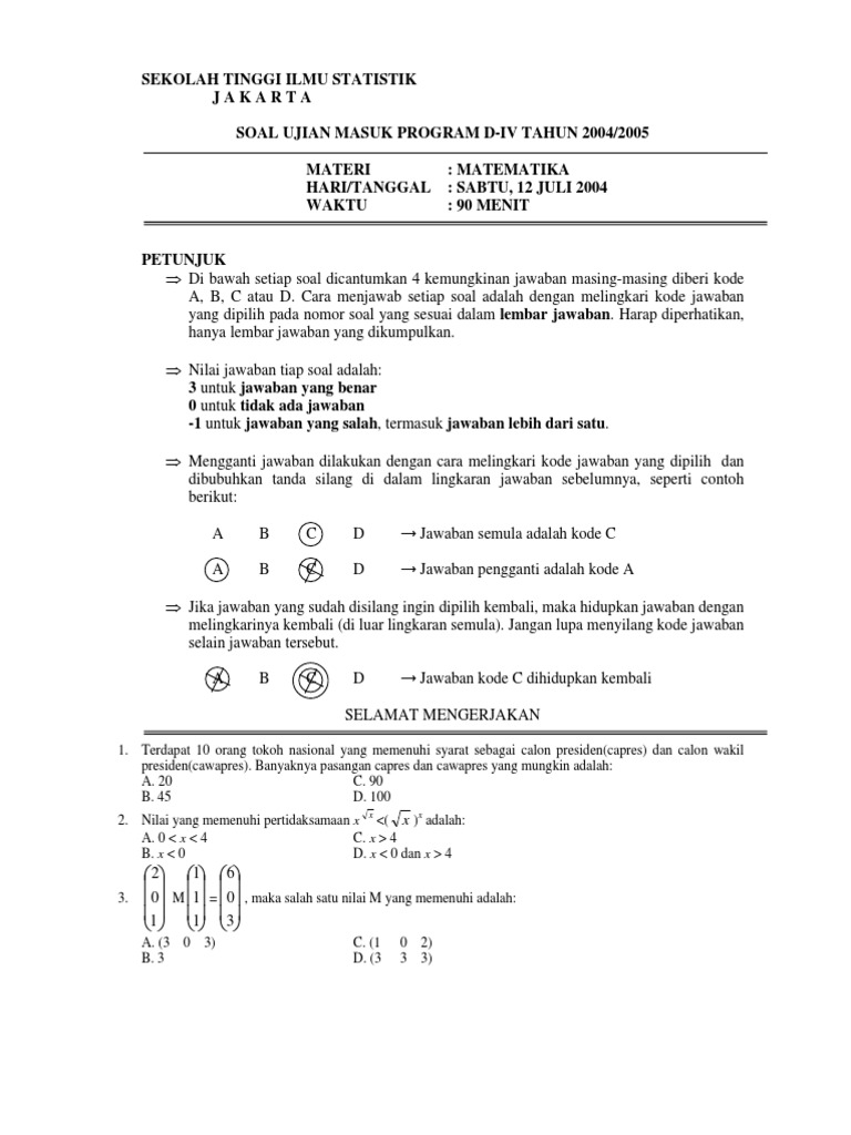 Contoh Soal Dan Pembahasan Ujian Masuk Stis 2004 2007