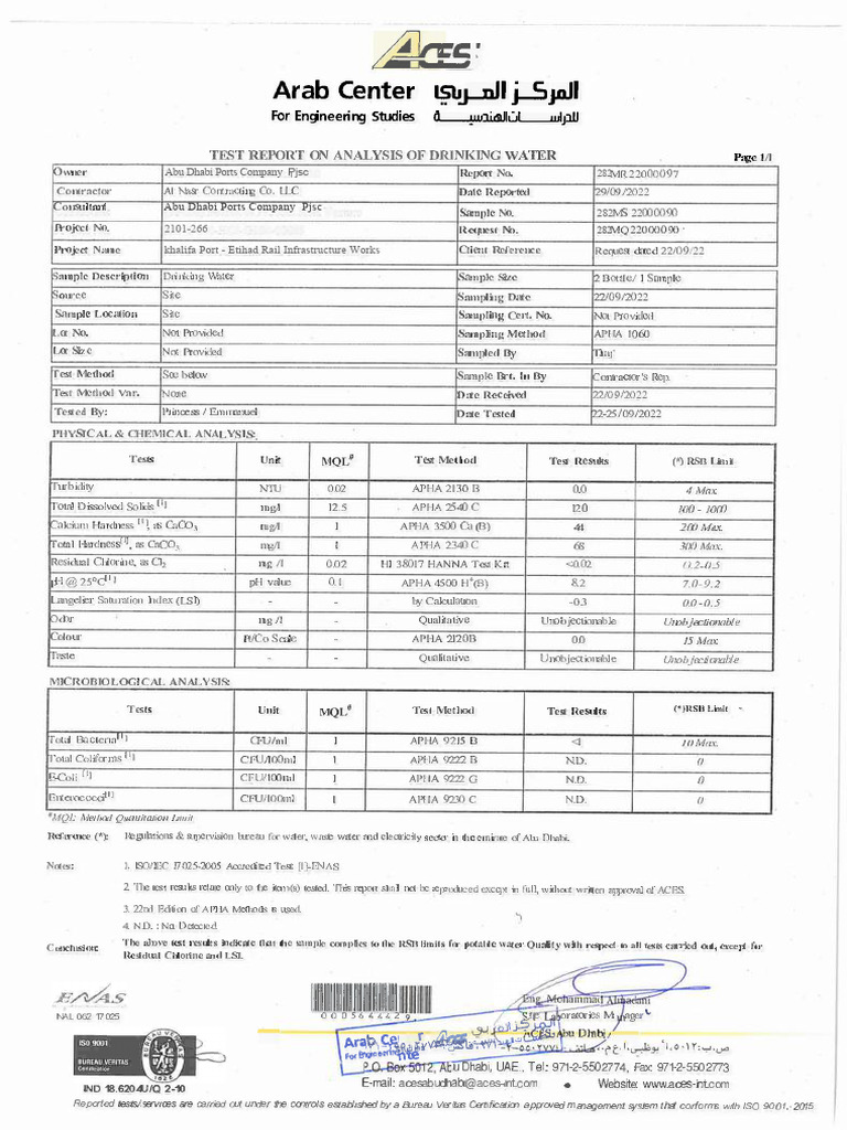 Water Test Report | PDF | Water | Chemistry