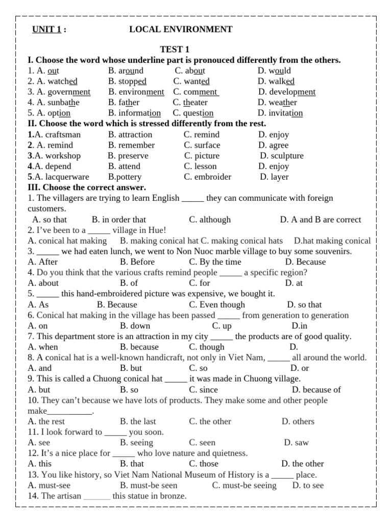 Local Environment Test: Vocabulary & Grammar | PDF | Basket Weaving ...
