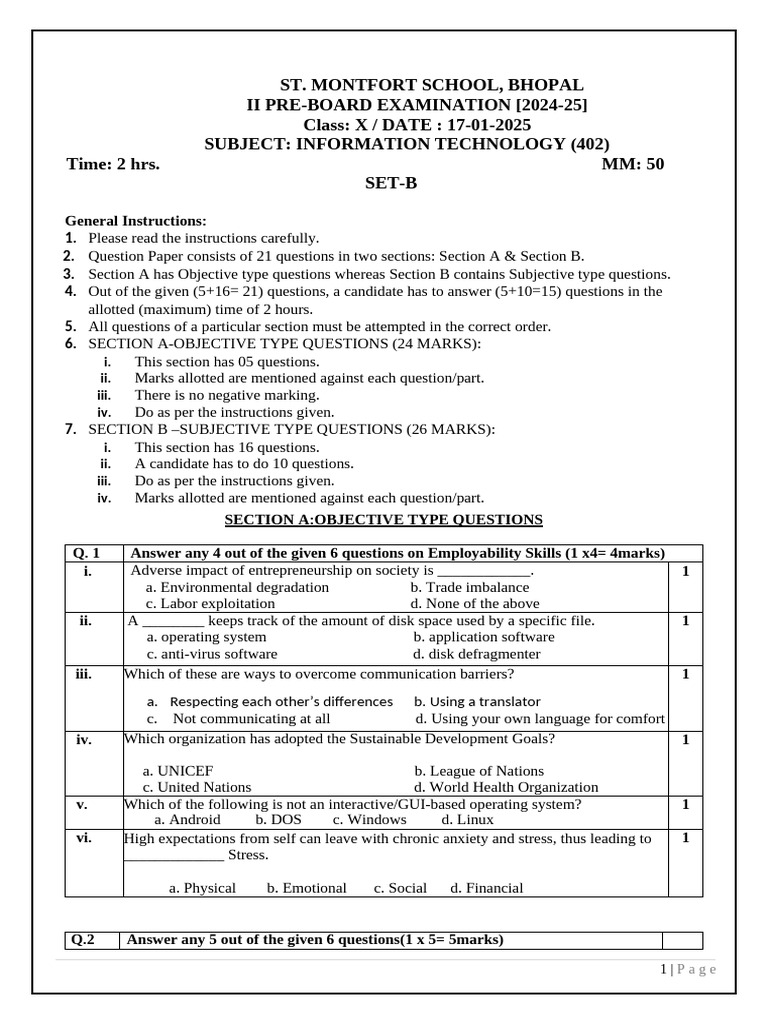 Class X IT Pre-Board Exam 2024-25 | PDF | Spreadsheet | Worksheet
