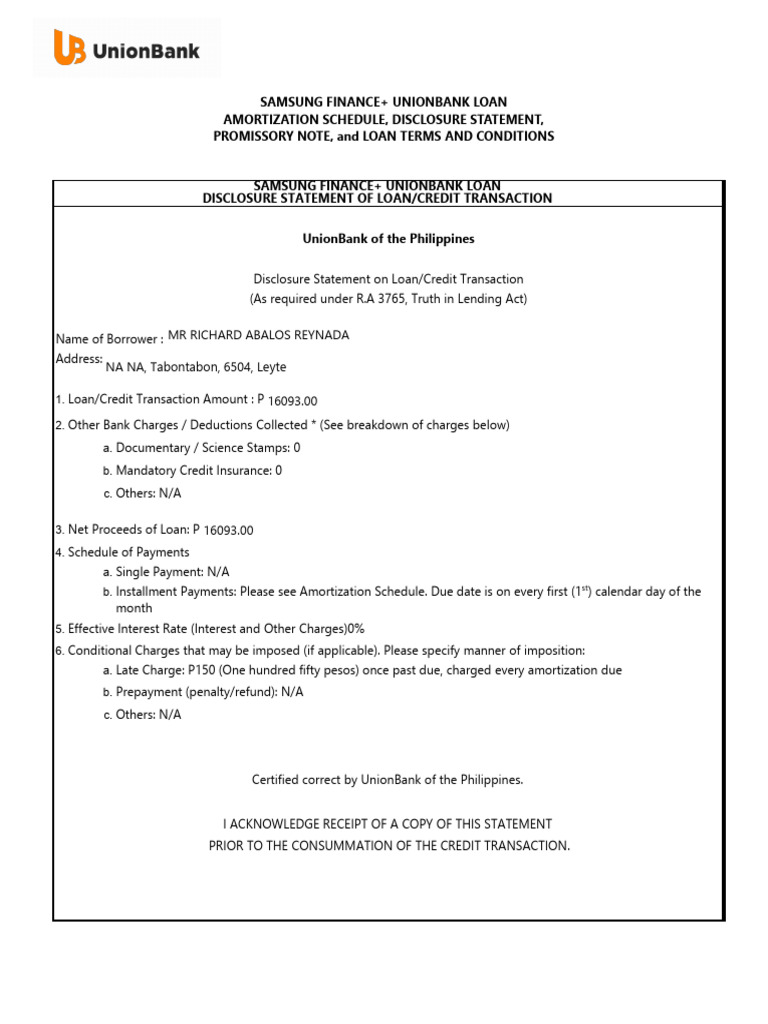 Samsung Finance+ UnionBank Loan Details | PDF | Loans | Credit Score