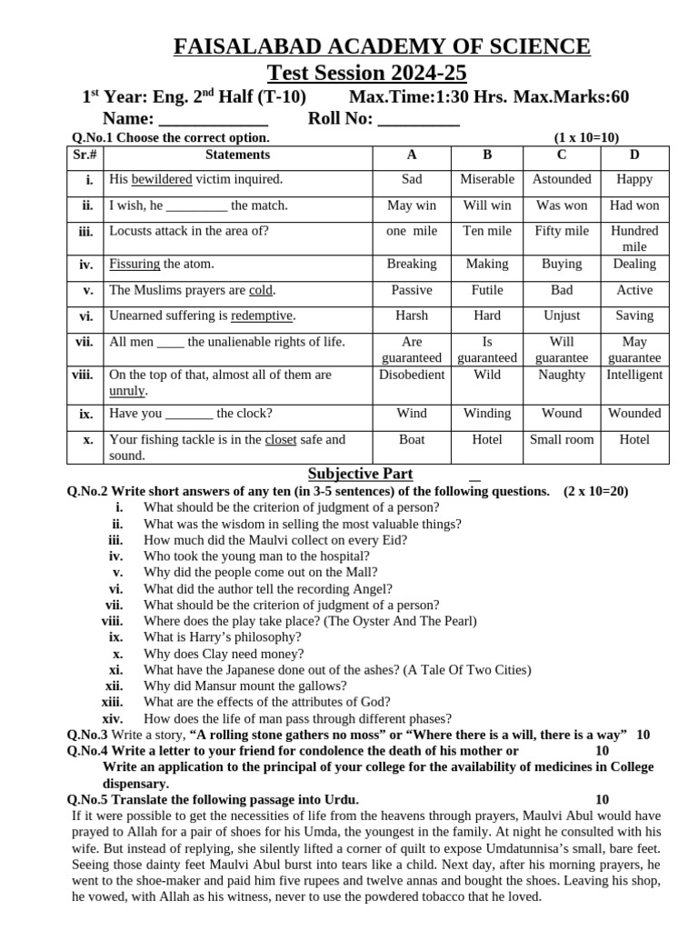 1st Year English Paper 2025 Faisalabad | PDF