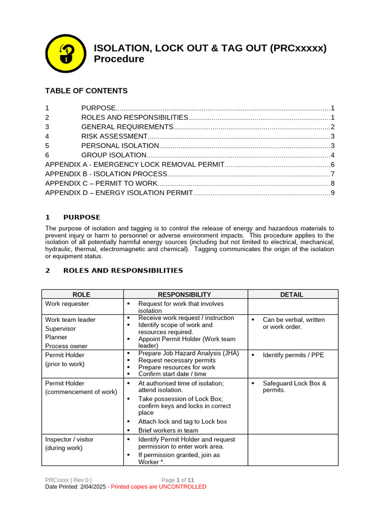 Lockout Tagout Procedure Guide | PDF | Safety | Occupational Safety And ...