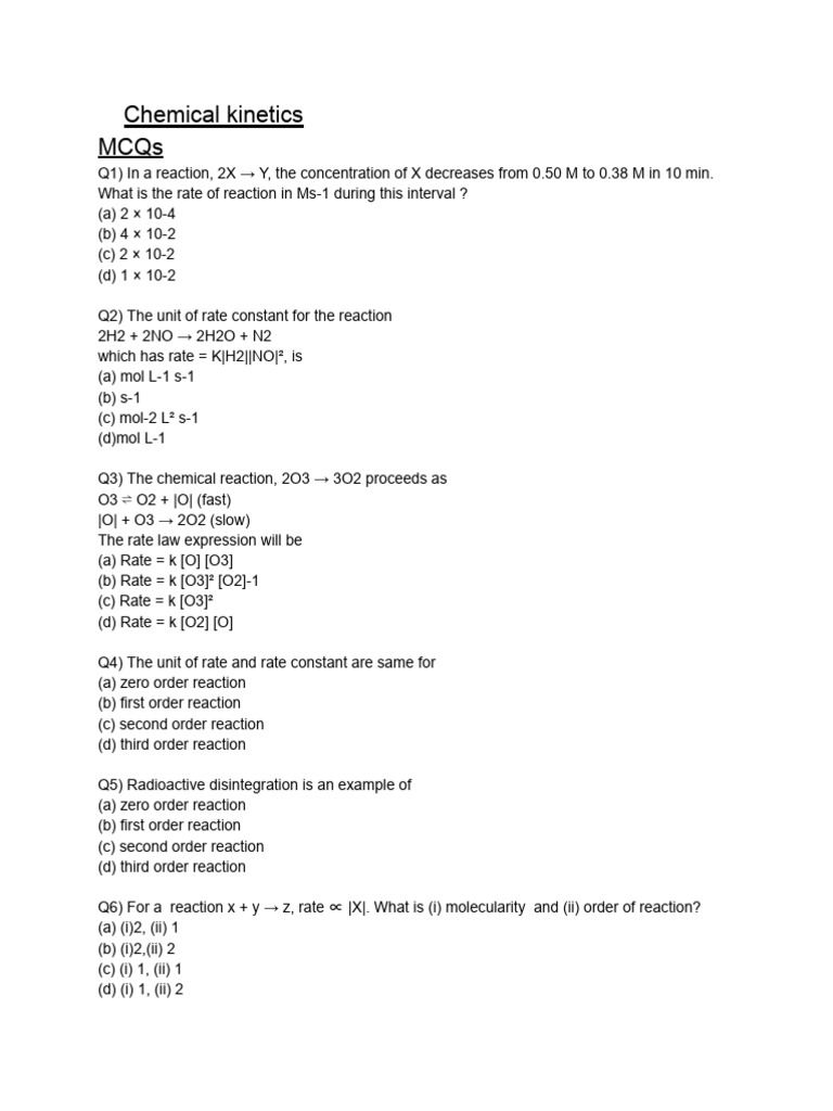 Chemical Kinetics MCQs and Case Studies | PDF | Reaction Rate ...