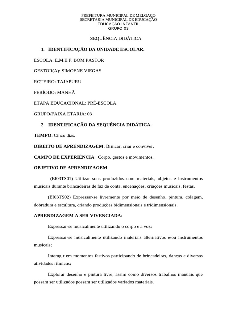 Sequência Didática para Educação Infantil | PDF | Desenho