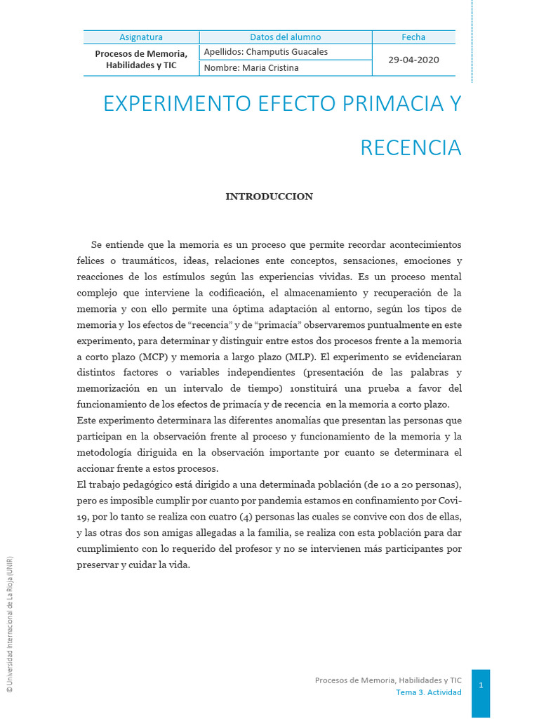 Efectos de Primacía y Recencia en Memoria | PDF | Memoria | Memoria a ...