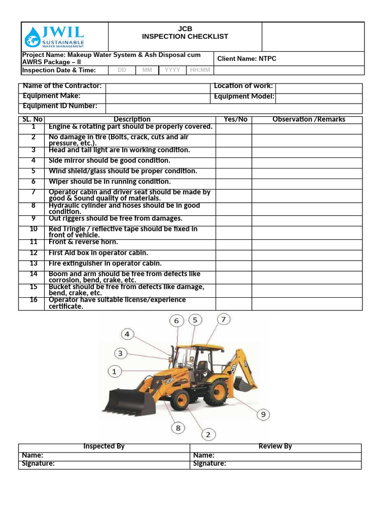 JCB Inspection Checklist for Equipment | PDF