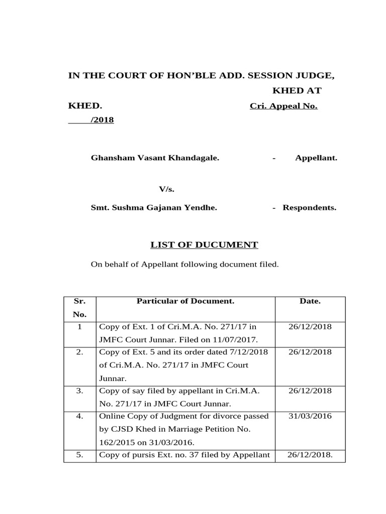 Khed Cri. Appeal Document List 2018 | PDF