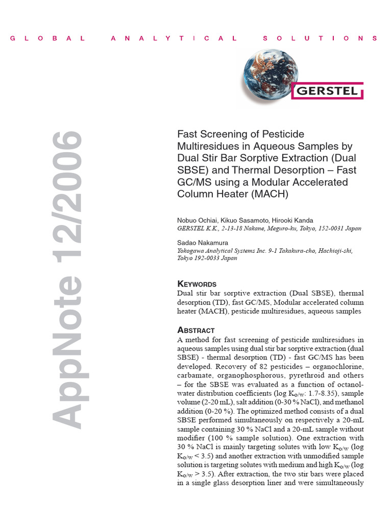 Fast Screening of Pesticide in AQUES SAMPLes by Dual SBSE | PDF ...