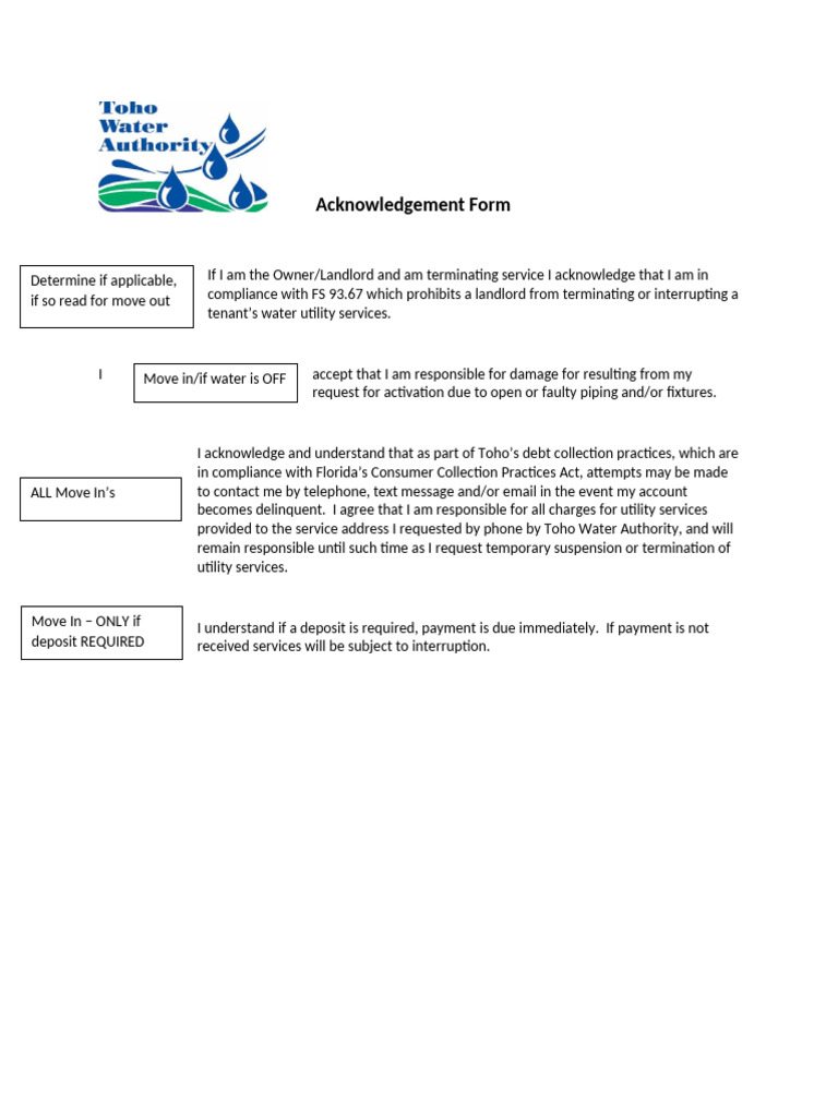 Toho Water Bill Acknowledgment Form | PDF