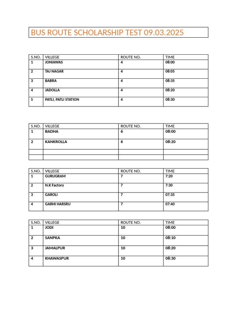 Bus Route Scholarship Test Schedule | PDF