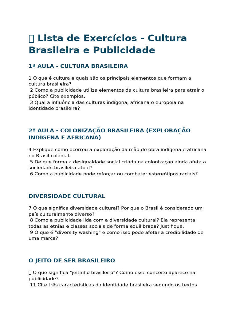 Cultura Brasileira e Publicidade: Exercícios | PDF