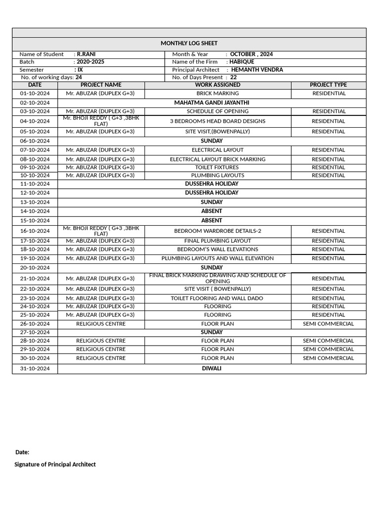 October 2024 Student Monthly Log Sheet | PDF | Residential Buildings