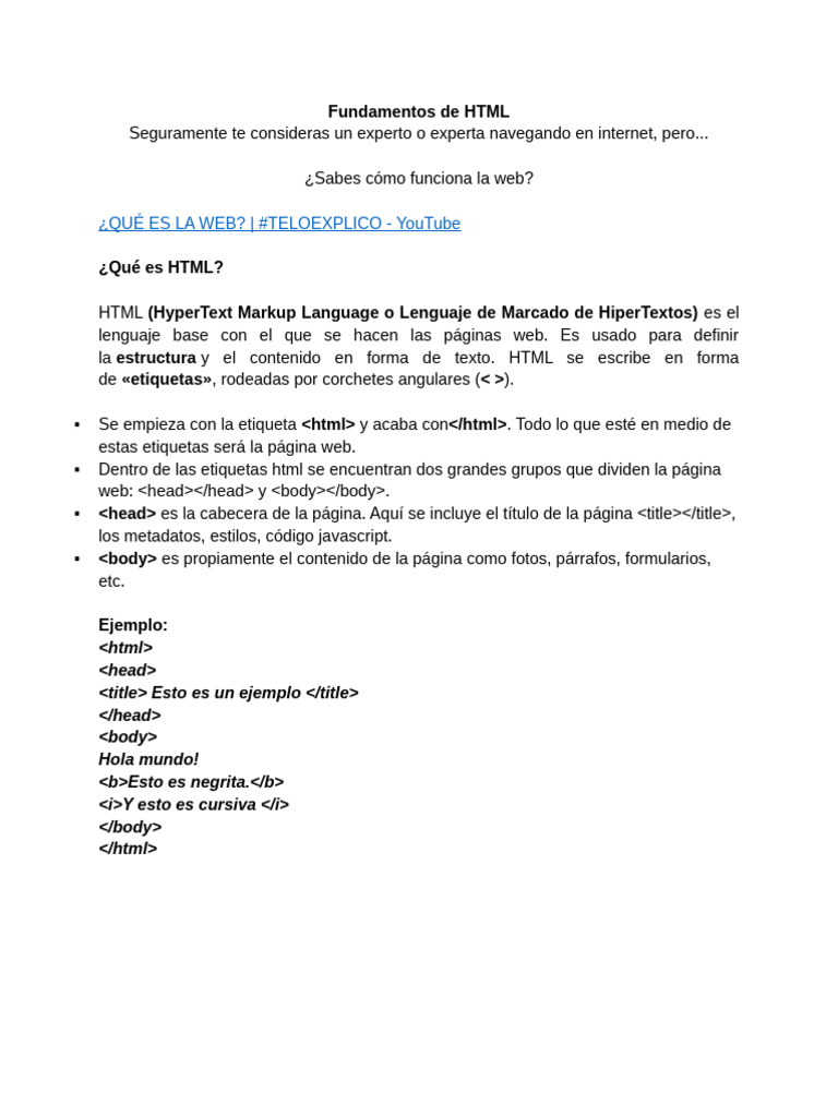 Fundamentos de HTML y su Estructura | PDF | HTML | ciberespacio